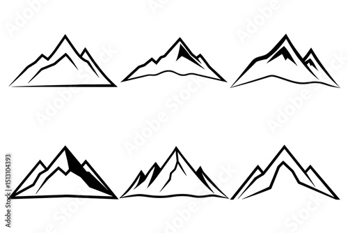 White mountain range illustration set isolated on white background