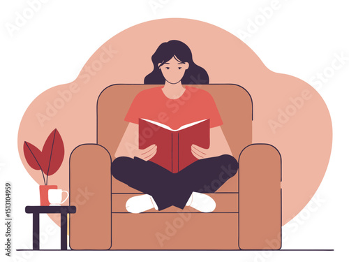 Woman Reading Book in Cozy Armchair Vector Illustration