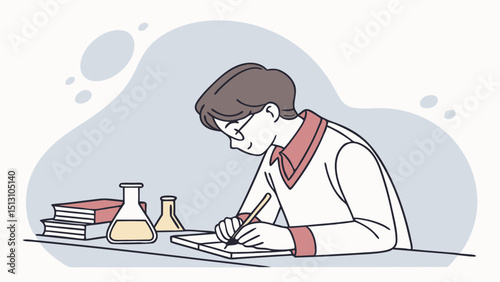 Student writing notes at desk with science equipment