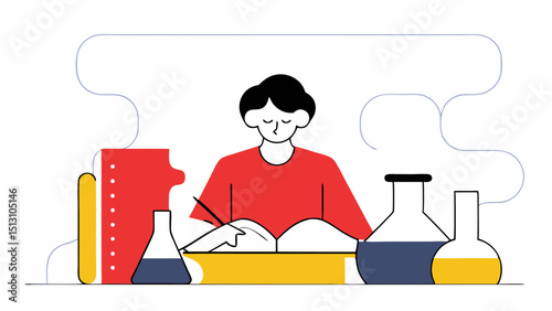 Student studying science concentratedly at desk with book and flasks