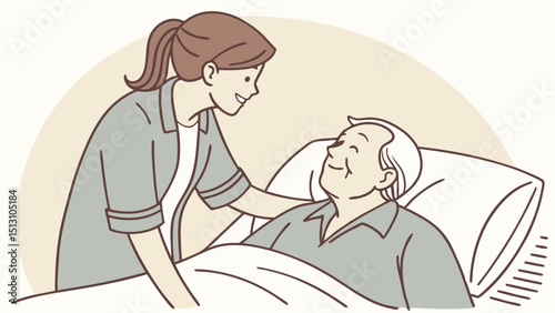 Young caregiver providing comfort to elderly patient in bed