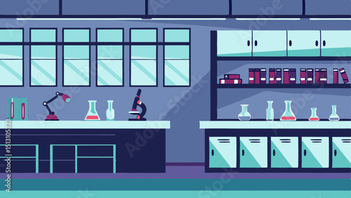 Modern chemistry laboratory interior with equipment and bookshelves