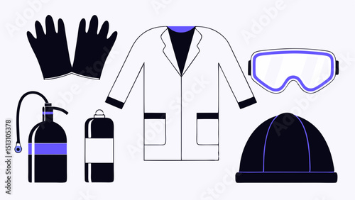 Safety equipment icons lab coat gloves goggles and cylinders