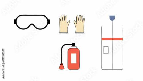 Safety equipment icons goggles gloves fire extinguisher safety shower