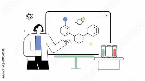 Scientist explaining molecular structure on whiteboard in lab