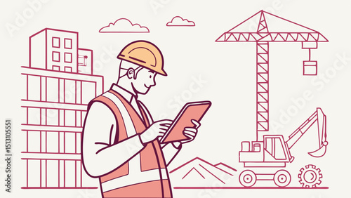 Construction engineer using tablet at building site