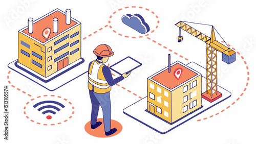Construction worker using tablet for smart building management