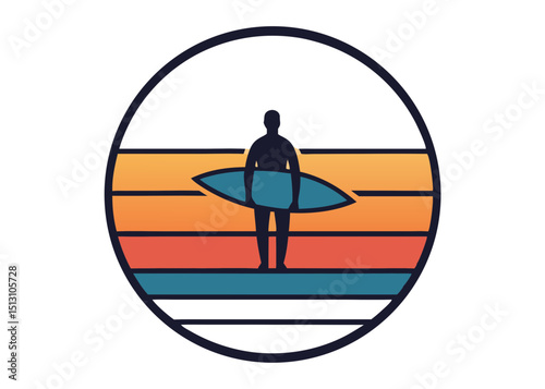Retro surfer silhouette at sunset with surfboard