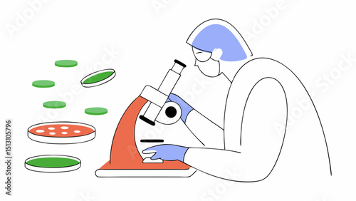 Scientist using a microscope to analyze petri dishes in a lab