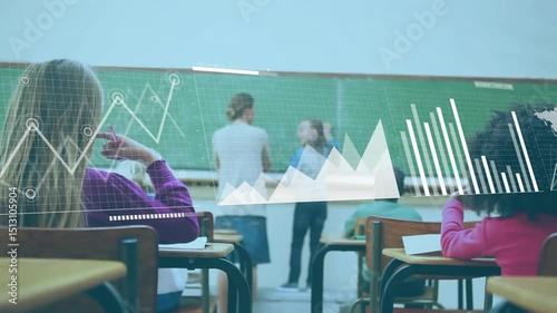 Wallpaper Mural Teacher guiding student writing on board, starting line graph and bar chart shifting to map overlay Torontodigital.ca