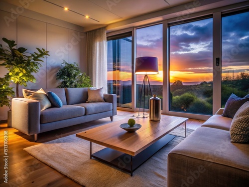 Smart Home Ambient Lighting, Modern Living Room, Smart Speaker, Voice Assistant, Home Automation, Interior Design, Cozy Room, Tech Home