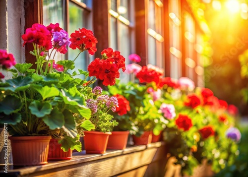 Tilt-Shift Geranium Window Box Photography: Vibrant Bloom Closeup, Miniature Garden Scene