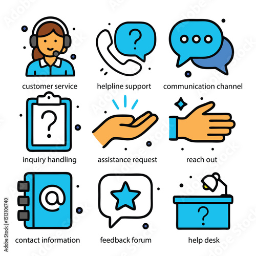 Set of nine icons showcasing diverse customer service methods; ideal for websites, presentations, infographics, and marketing materials highlighting customer care.