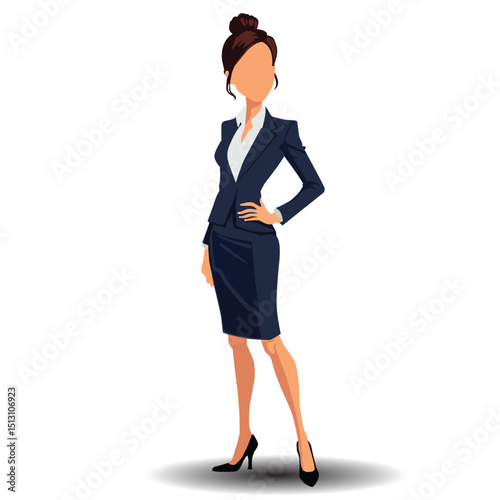 Elegant cartoon businesswoman in dark blue skirt suit with high heels, hair in bun, professional standing pose, faceless character, white background.