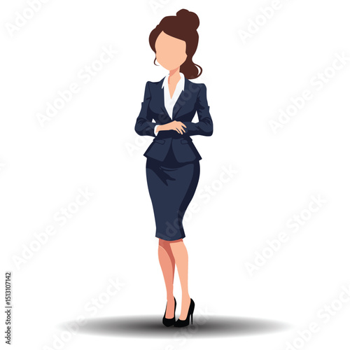 Businesswoman Standing with Hands on Hips, Wearing Navy Blue Suit and High Heels, Professional Corporate Woman Illustration on white background.