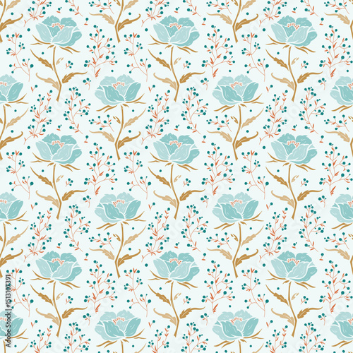 Vector Wildflowers Seamless Pattern. Floral Background with Turquoise Flowers, Yellow Leaves, Berry Branches. Beautiful Ditsy Floral Print for Spring, Summer, Autumn Nature Vintage Wallpaper