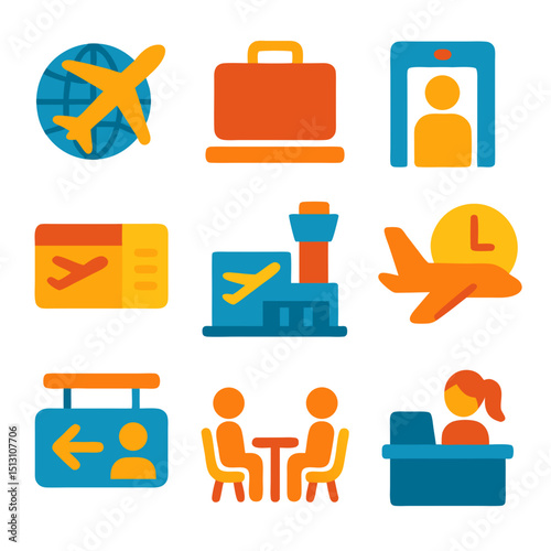 Airport icon set suitable for travel websites, apps, and presentations. Icons include airplane, luggage, passport, and boarding pass symbols.
