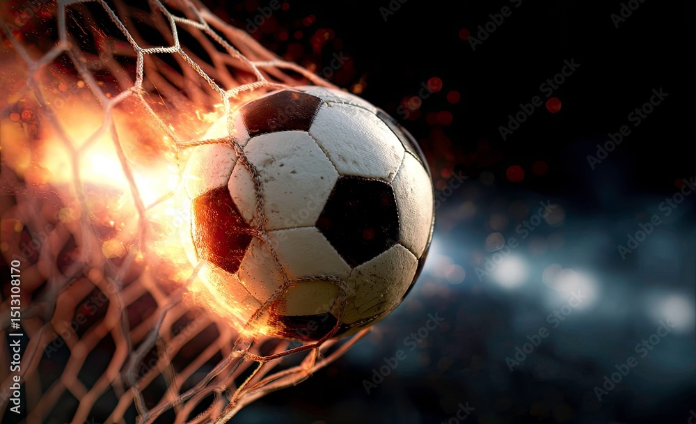 Fototapeta premium Fiery Soccer Ball Impacting Net Goal Scored Dramatic Sports Moment Black Background