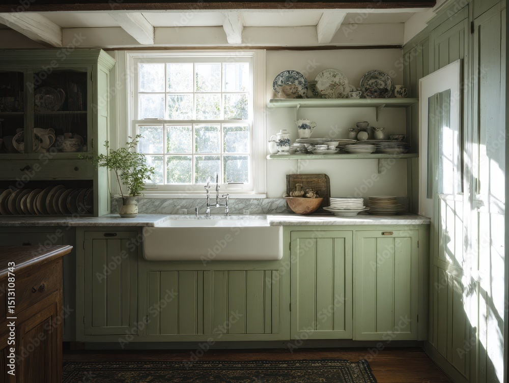 Fototapeta premium A sage-green kitchen with antique-style cabinets.