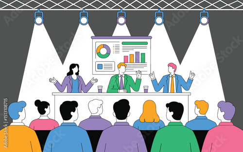 Professional Business Conference Illustration with Speakers Presenting Data Charts to an Engaged Audience Under Spotlight Perfect for Corporate Presentation Themes and Marketing Graphics