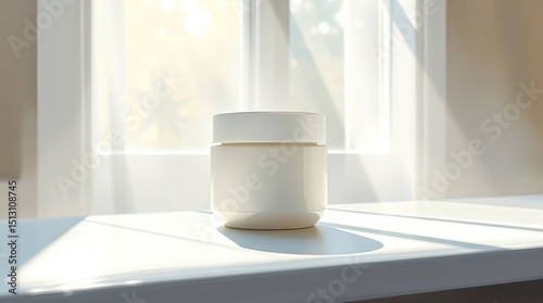 Minimalist White Cream Jar Natural Sunlight, Simplicity, Beauty on White Surface