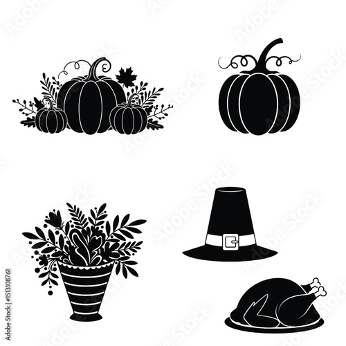 Thanksgiving Silhouette Elements Pumpkins Leaves Floral and Turkey Illustration