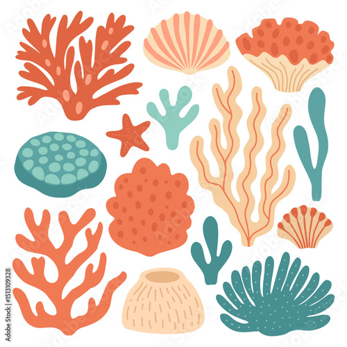 Flat vector illustration of undersea life: colorful corals, marine shells, and starfish. Perfect for children’s materials, marine biology content, and fun underwater-themed designs