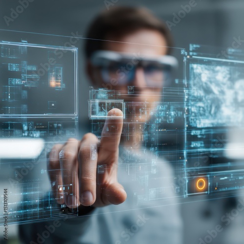 Augmented reality interface enabling interaction with digital models and tech-related data.