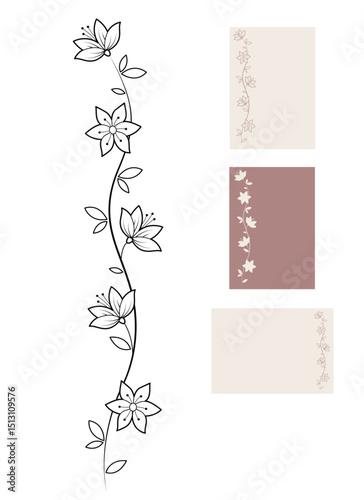 Vertical black and white  decorative flowers flowers garland. Floral vignette. Outline illustration, isolated on white background, design elements