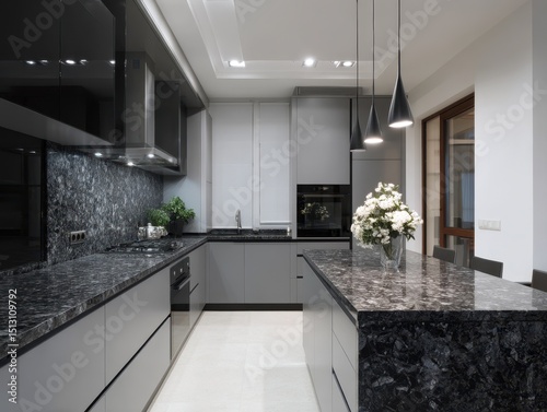 Modern kitchen with dark granite countertops and gray cabinetry.