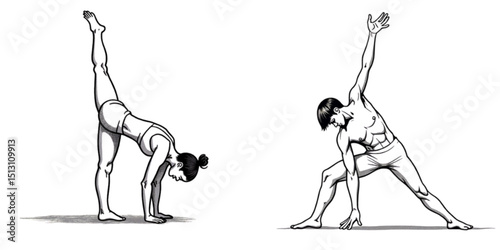 Two illustrations: men and women performing yoga position, symbolizing fitness and well-being.