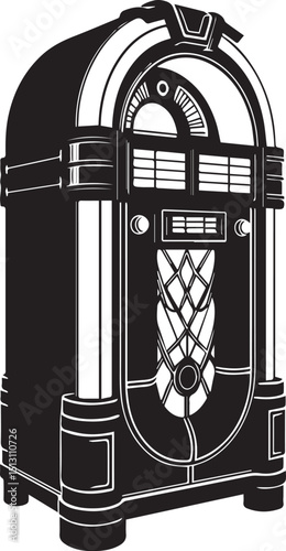 Side View Retro Jukebox Silhouette: A classic vintage jukebox stands tall in stark black and white, its intricate design and retro charm evoking nostalgic feelings of a bygone era. 