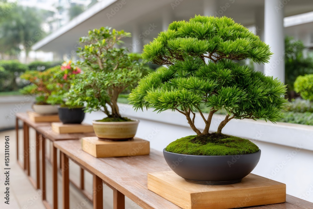 Fototapeta premium Lush green bonsai trees decorating a wooden table