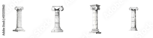 Classical, elegant architectural columns showcasing intricate designs in a monochromatic color palette, perfect for heritage-themed decor or historical projects photo