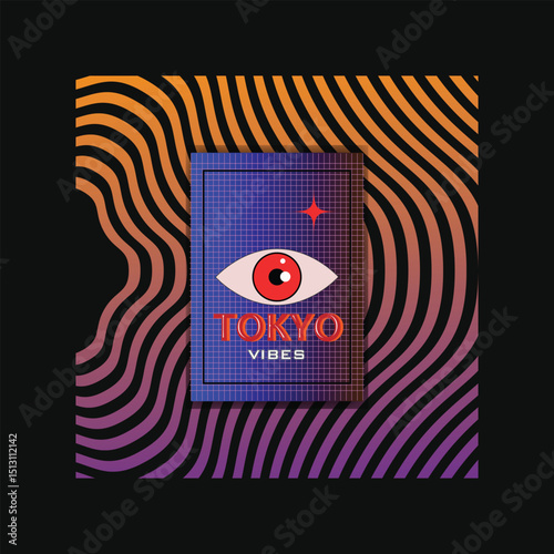 Tokyo vibes tshirt design with zebra pattern and card with single red eye.
