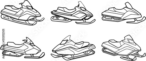 Set of Snowmobile black outline vector and illustration, coloring book page