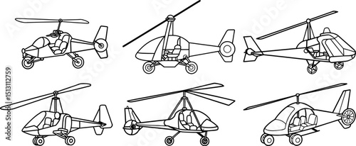 Set of Gyrocopter black outline vector and illustration, coloring book page
