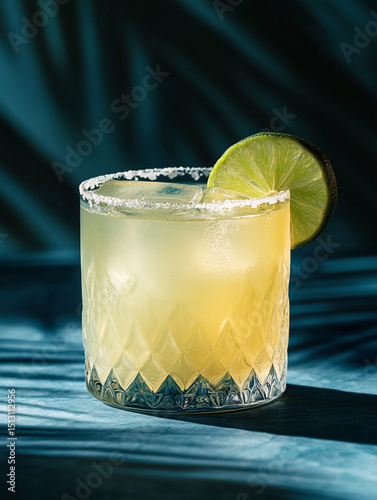 Margarita cocktail in a clear short rock classic glass with sugared rim classic bar background