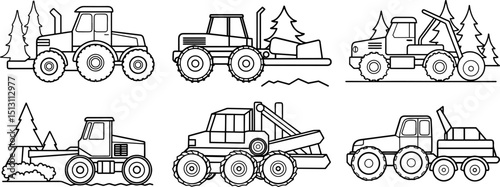 Set of Logging skidder black outline vector and illustration, coloring book page
