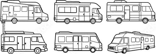 Set of Motorhome black outline vector and illustration, coloring book page