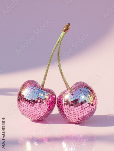 Sparkling pink cherries with disco ball design on a soft pastel background create a whimsical and fun visual experience