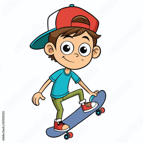 Cartoon Boy Skateboarding with Red and White Cap in Illustration Style