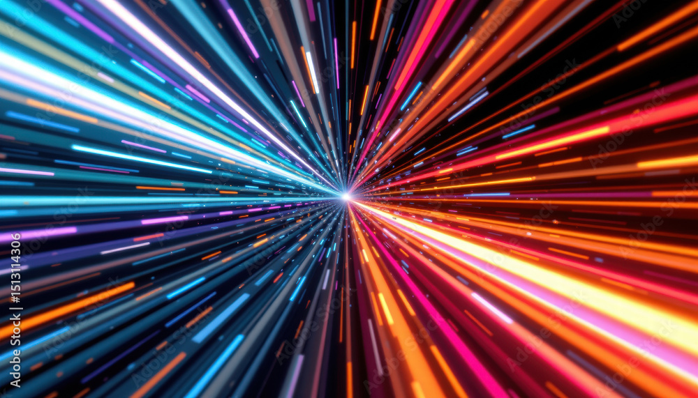 Vibrant burst of colorful light streaks radiating from central point, creating dynamic sense of motion and energy. image features bright blue, pink, and orange hues, evoking excitement