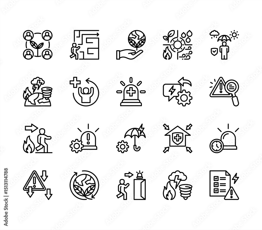 Fototapeta premium WebTitle Mitigation icon collection set. Containing preparedness, disaster, risk, reduction, strategy, resilience, vulnerability icon. Simple line vector.