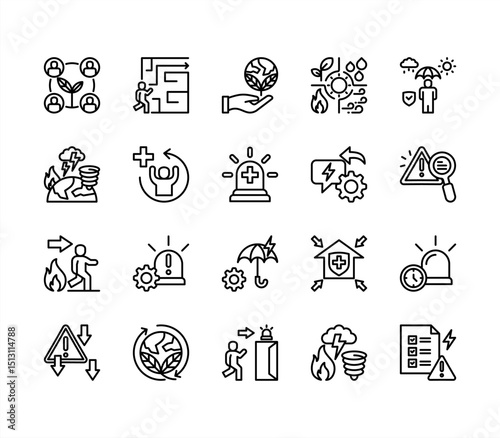 WebTitle	
Mitigation icon collection set. Containing preparedness, disaster, risk, reduction, strategy, resilience, vulnerability icon. Simple line vector.	