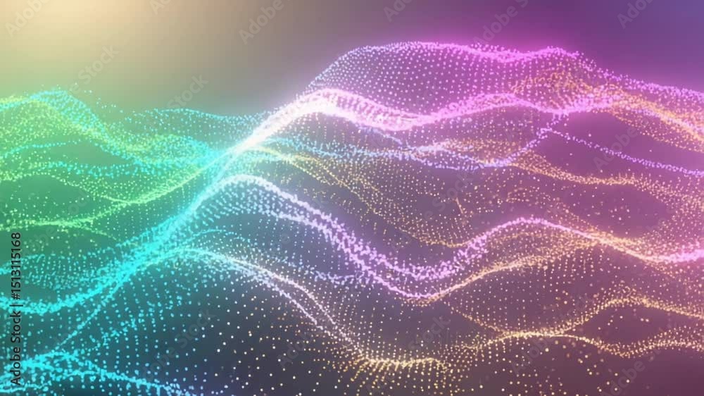 A field of bright, glowing particles perfect colorful water surface gentle winds. neon orange, gold radiate gradient soft pastel particles dynamically change shape fluid waves, meditative effect
