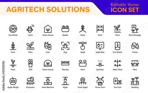 Modern Agritech and Smart Farming Icons – Clean Outline, Line Art, Vector Illustrations for Farm Technology, Automation, and Sustainable Agriculture Projects