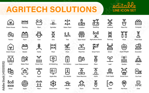 Modern Agritech and Smart Farming Icons – Clean Outline, Line Art, Vector Illustrations for Farm Technology, Automation, and Sustainable Agriculture Projects