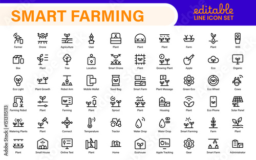 Modern Agritech and Smart Farming Icons – Clean Outline, Line Art, Vector Illustrations for Farm Technology, Automation, and Sustainable Agriculture Projects