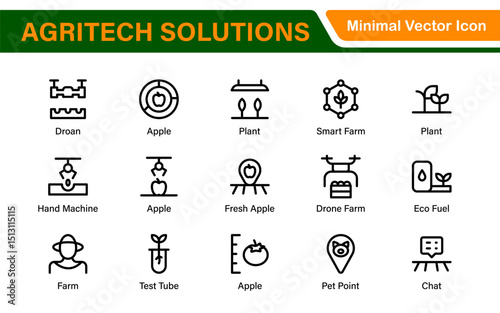 Modern Agritech and Smart Farming Icons – Clean Outline, Line Art, Vector Illustrations for Farm Technology, Automation, and Sustainable Agriculture Projects